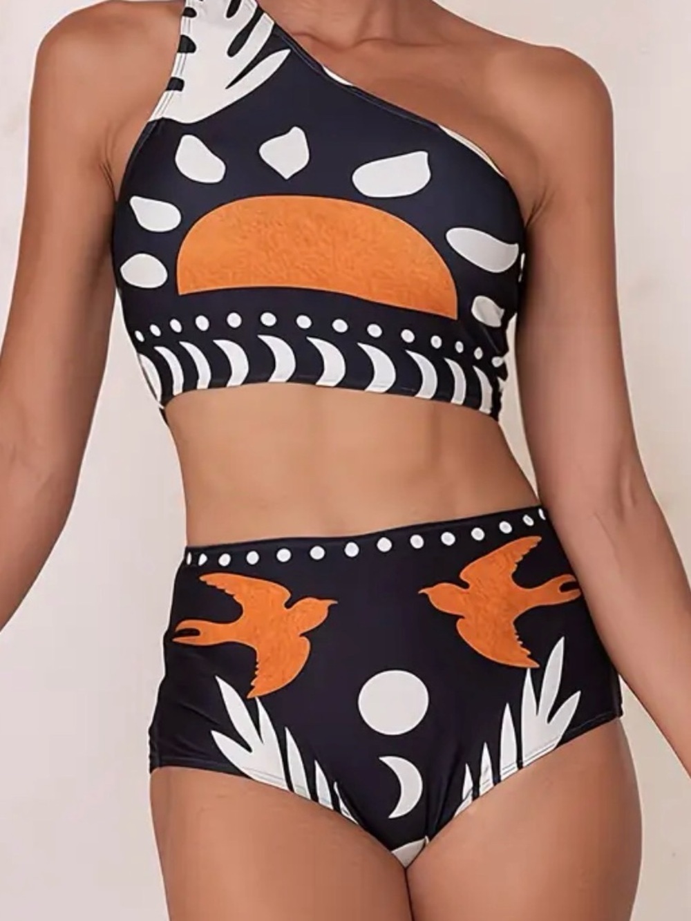 Asymmetrical Black & Orange Printed High-Waist Bikini Set